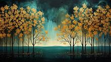  Modern Canvas Art With Golden Forest On Turquoise And Dark Blue Background. 