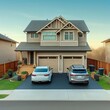 Beige two story residential home with two cars parked on the blacktop asphalt driveway
