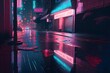 cyberpunk city nighttime neon signs pink and blue lights puddles on the ground with reflections 