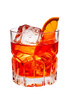 Negroni Cocktail in crystal glass with ice cubes on white background