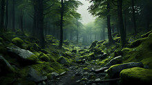 Green Forest Full Of Trees, Stones And Moss