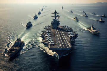 Poster - aerial view of US aircraft carrier formation on the sea