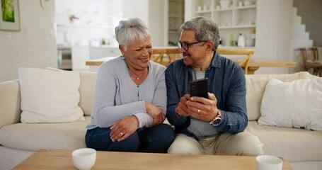 Sticker - Happy senior couple, sofa and phone to scroll social media, reading digital news article and funny multimedia at home. Elderly man, woman and laugh for mobile app, meme and smartphone subscription