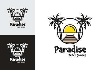 Canvas Print - Line art paradise logo concept of tropical coastline with two palm trees at sunset