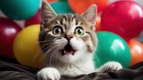 Fototapeta  - Surprise , amazement, wonder, and shocked, all  in  cats face expression. over a bright colored ball background.