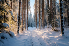 Trail In Winter Coniferous Forest