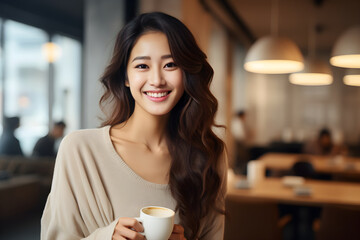 Wall Mural - Happy young Asian woman drinking coffee in cafe on weekend. Generative Ai