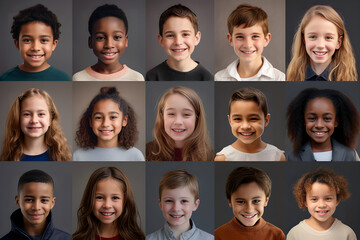 Wall Mural - collage of portraits and faces of smiling multiracial group of various diverse children for profile 