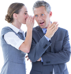 Sticker - Digital png photo of happy caucasian couple businessmen talking on transparent background