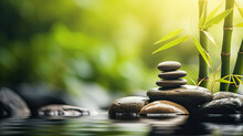 States Of Mind, Meditation, Feng Shui, Relaxation, Nature, Zen Concept. Bamboo, Rocks And Water 