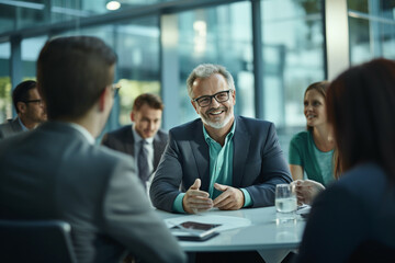 Wall Mural - Business, lifestyle concept. Executive man speaking to group of people in office. Business man surrounded with colleagues employees listening speech. Generative AI