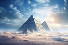 Snowy Pyramids Of Ancient Egypt In Winter Sunlight Depict Global Cooling And An Ice Age. Generative AI