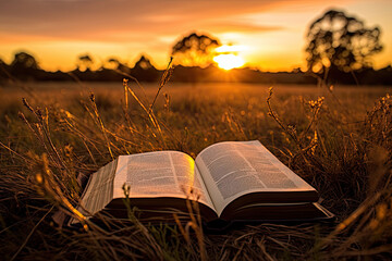 open bible with sunrise in the setting sun, the scriptures by the sunset, Bright sun light and bible book silhouette of the Holy Jesus Christ guiding the bright path