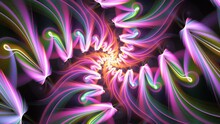 Twirl Fractal Forms Revolving Clockwise Around Centre, Changing Shapes And Colors. Yellow, Pink, Red Particles Moving, Looping, Morphing On Dark. Multicolor Filaments, Rays And Flows. 4K UHD 4096x2304