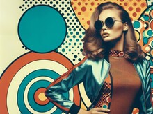 Fashion Retro Futuristic Girl On Background With Circle Pop Art Background. Woman In Sunglasses In Surrealistic 60s-70s Disco Club Culture Life Style