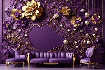 Wall Mural - 3D Wallpaper Design with Floral and Geometric Objects gold ball and pearls, gold jewelry wallpaper purple flower . 3d mural for interior home