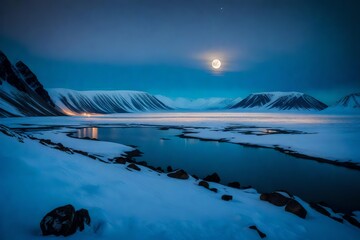 Poster - Wallpaper norway landscape nature of the mountains of Spitsbergen Longyearbyen big moon Svalbard polar night with arctic winter