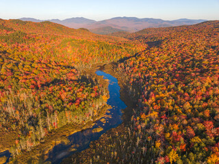 Wall Mural - aerial view of colorful autumn mountain forest and river in valley