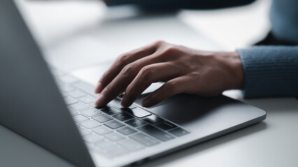 Wall Mural - Businesswoman hands using laptop computer placed on desktop.