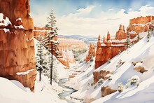 Snowy Canyon Stream Running Utah White Silver Tall Stone Spires Hot Sunny Sand Figurative Tropic Climate High Towers