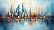 © Cary - city skyline blue sky deep oil teal orange color palette large canvas destroying mirror reflection ruined awe inspiring distinct
