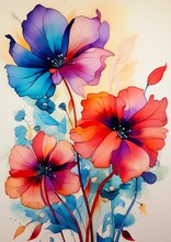 Three Flowers Painted White Paper Pastel Vibrant Brown Red Blue Hibiscus Warm Shades Dripping Dry Oil Paint Soft Outline