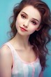closeup woman long hair wearing pink dress cute girl white powder makeup flutter cartoon hot petite teen pale skin young