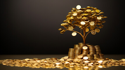 golden tree growing on pile of golden coins, growth business finance investment