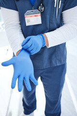 Canvas Print - Gloves, hospital and hands of doctor for medical service, surgery and working in clinic for wellness. Healthcare, help and person with ppe for safety, protection and hygiene for support or procedure