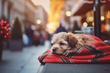 Dog Sleeping On Blanket In City Street With Christmas Decorations.
