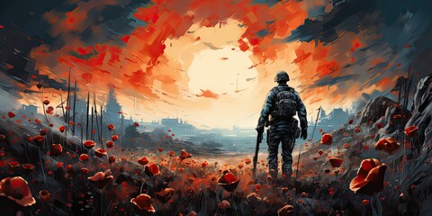 Wall Mural - War soldier in a red poppy field with weapon