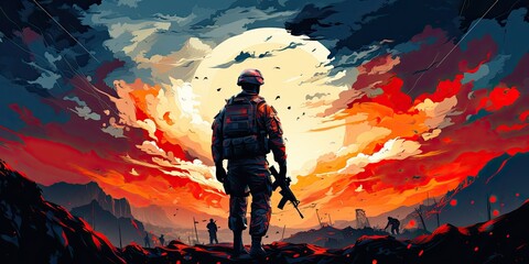 Wall Mural - War soldier in a red poppy field with weapon