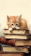 kitty cat kitten sitting top pile books pencil drawing illustration adorable ginger sharp likeness