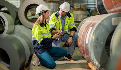 Factory apprenticeship. Man mentor teaching Female employees trainee operating machine looking monitors and check Production process machinery. foreman explaining woman engineer control machine .