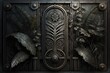 front view of an old metal sci fi wall with botanical engravings cyberpunk weathered seamless 