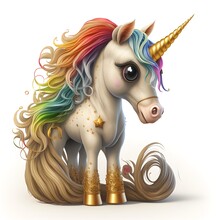 Splendid Cute Asian Unicorn With Rainbow Mane And Rainbow Tail And Golden Horn With No Background 