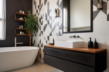 Wall Mural - contemporary style bathroom with geometric tile pattern