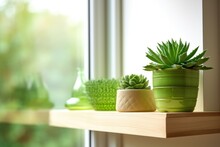 Green Succulent On Wooden Shelf Near Window