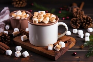 Canvas Print - hot chocolate in a ceramic mug with floating marshmallows