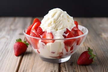 Canvas Print - a bowl of vanilla ice cream with strawberries on top