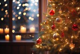 Fototapeta Pokój dzieciecy - christmas tree illuminated with warm lights and red baubles