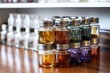 stack of glass spice jars on a pantry shelf
