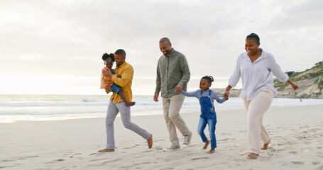 Poster - Happy, walking and a black family at the beach, holding hands and talking on a holiday. Sunset, conversation and grandparents, father and children on a walk by the sea during a vacation for travel