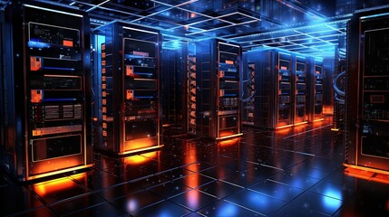Wall Mural - technology background servers with light blue, generated by ai