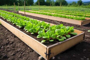 Poster - large raised wooden bed containing rows of radishes