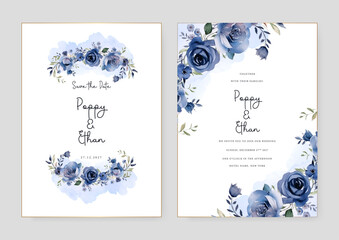 Fototapete - Blue rose wedding invitation card template with flower and floral watercolor texture vector