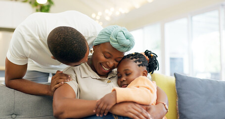 Poster - Black family, relax and parents hug child on sofa at home for bonding, quality time and happiness. Love, lounge and happy mother, father and girl on couch embrace together for care in living room