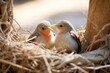 little birds pecking each other near a nest