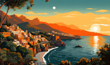 Fototapeta  - Amalfi coast scenery Italy in Illustration style,  presentation pictures, Illustration, Generative AI
