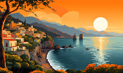 Wall Mural - Amalfi coast scenery Italy in Illustration style,  presentation pictures, Illustration, Generative AI